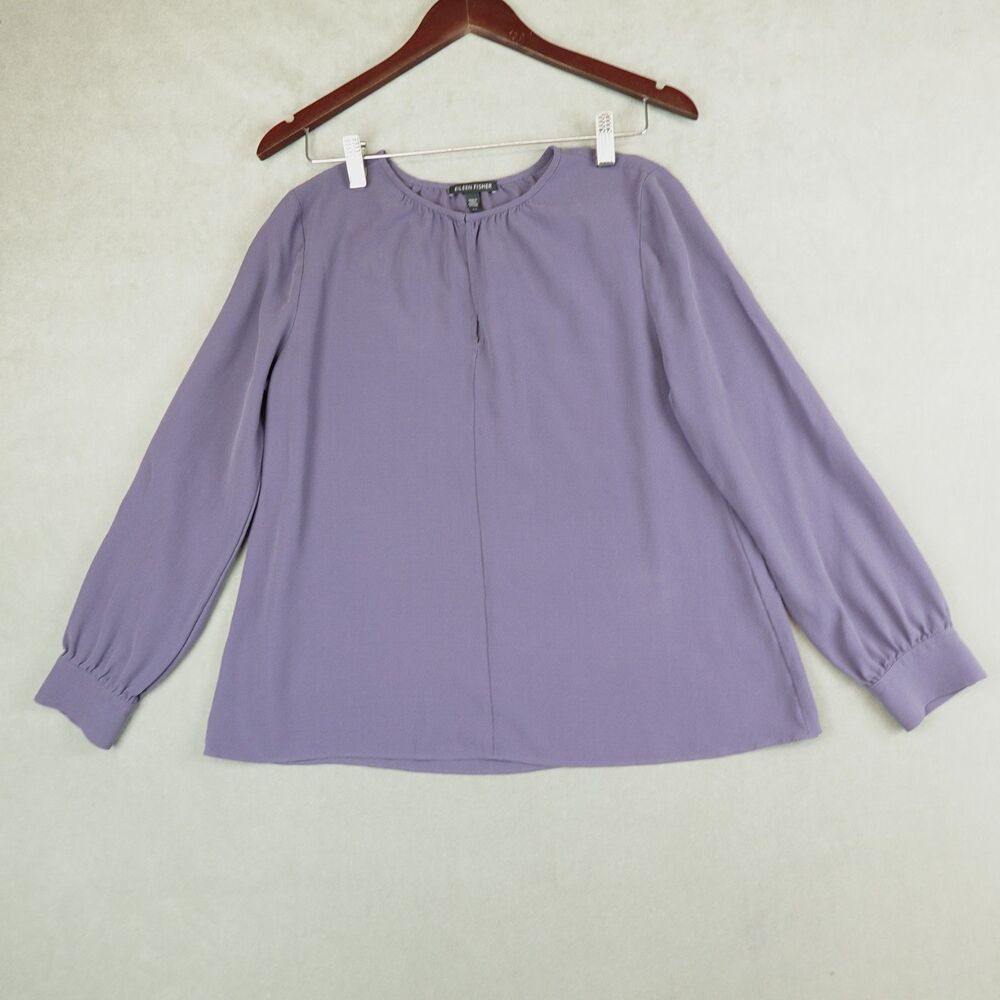 EILEEN FISHER Silk Blouse Crepe Top Long Sleeves Front Keyhole Sz Small Lavender